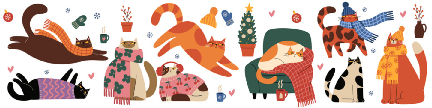 Cute cartoon cats wearing cozy winter sweaters, scarves and hats, stretching, jumping and relaxing indoors. Flat vector illustration set with Christmas decorations, snowflakes, warm drinks. Vector