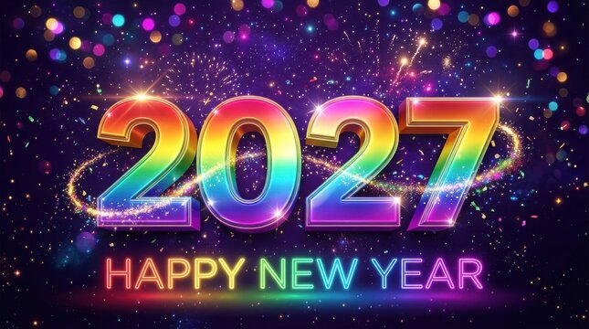 Happy new year 2027 message on dark background with colorful numbers and fireworks
