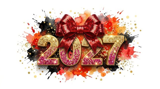 Happy new year 2027 typography with glitter and red bow isolated on white background