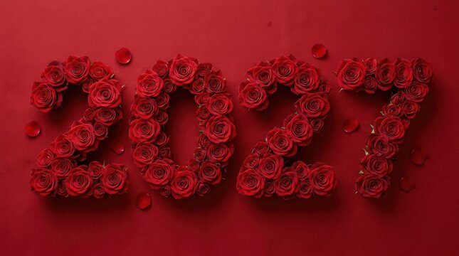 Number 2027 made of red roses on red background