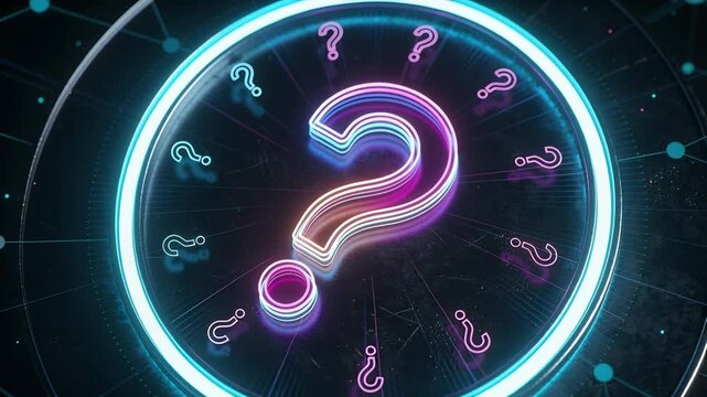 Pulsing lights causing layered neon question mark pulsing in tech studio revealing cyan ring, nodes