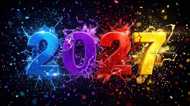 Colorful 2027 numbers with paint splashes and confetti on a black background