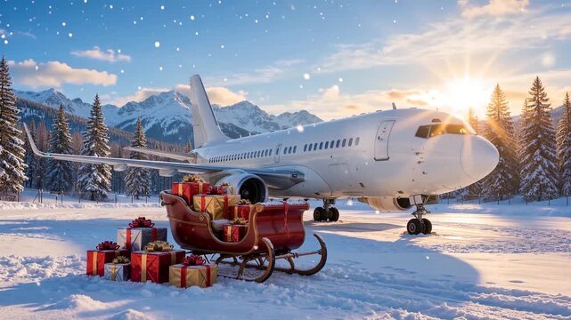 Passenger jet and gift-filled sleigh on a snowy mountain airfield at Christmas