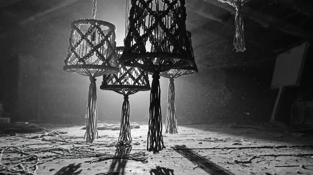 Black and white shot of handcrafted macrame lamp shades in a dusty attic, dramatic lighting