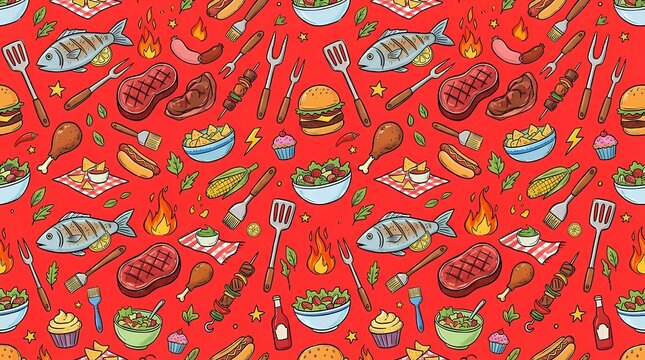 Vibrant seamless repeat pattern featuring playful hand drawn barbecue picnic items grilled fish steaks cooking utensils and tasty party snacks scattered across a bright festive red background