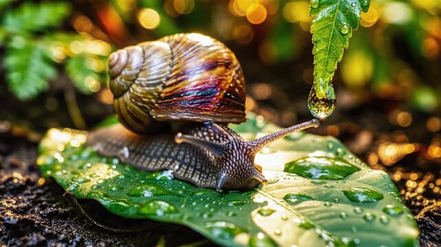 Close-up of a snail with a beautiful shell resting on a green leaf with water droplets in nature.