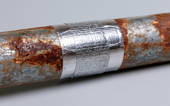 Rusty metal pipe repaired with silver duct tape on grey background. Corroded iron plumbing shows water leaks, damage. Temporary fix for broken industrial pipeline system home water utility problem.