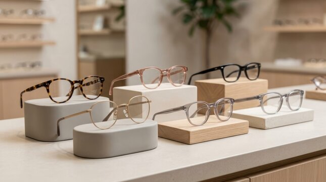 A collection of eyeglasses displayed on a wooden stand in a modern, minimalist eyewear store.