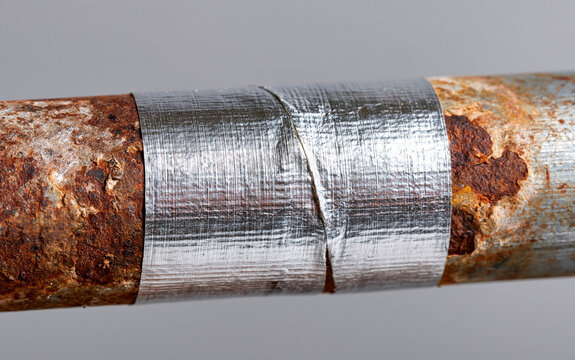 Rusty metal pipe repaired with silver duct tape on grey background. Corroded iron plumbing shows water leaks, damage. Temporary fix for broken industrial pipeline system home water utility problem.