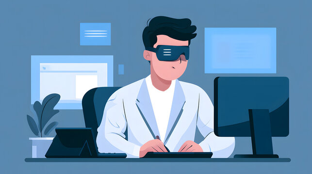 A person wearing glasses is looking at a computer.