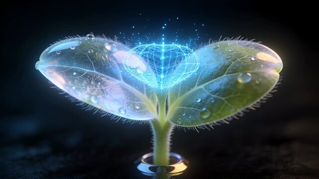 Wireframe activating, green sprout opening cotyledons on dark base, metal ring forming blue shell