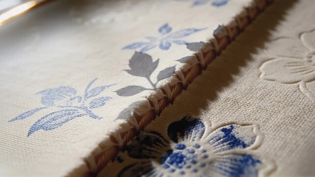 Casting leaf shadow as sunlight shifts, moving across fabric panel by window showing gold seam
