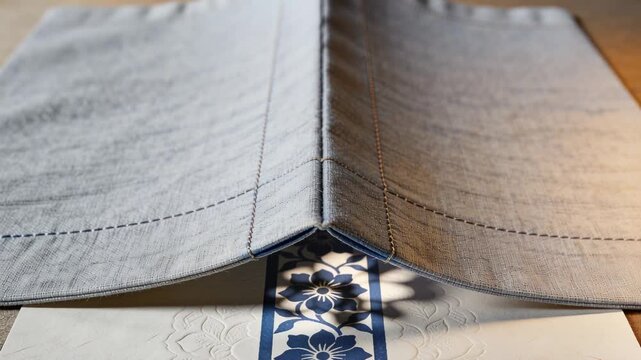 Shifting gray-blue-seamed napkin sliding toward floral strip on table as warm light warming shadow