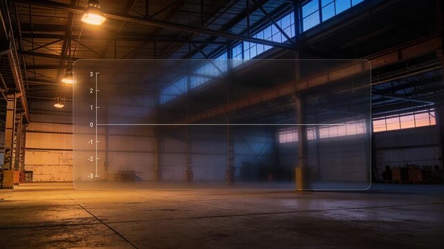 Camera holding steady displaying HUD overlay showing vertical scale and centerline inside warehouse