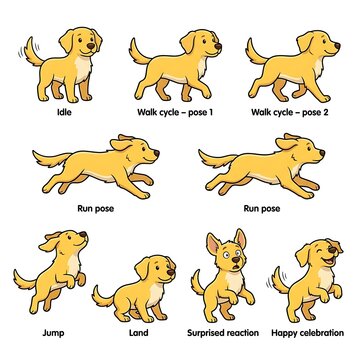 Cartoon dog illustrating idle walk run jump poses and reactions