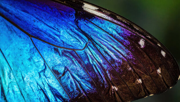 Close-up macro view of a vibrant blue and purple iridescent butterfly wing showing intricate patterns and scales