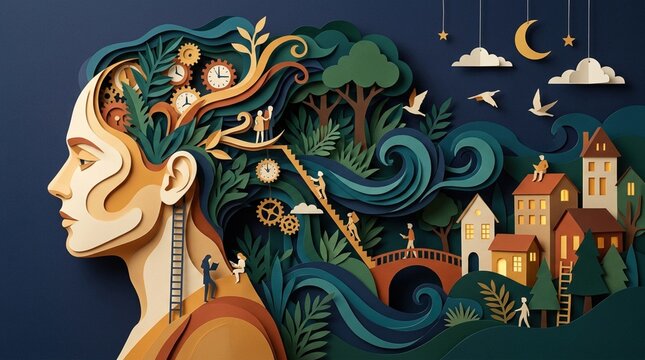 Intricate Layered Paper Cut Portrait Blending Nature Architecture Books and Celestial Elements Representing Imagination Storytelling Cultural Heritage Creativity Dreams Knowledge and Exploration