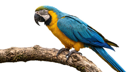 Blue-and-yellow macaw perched on a weathered branch against a stark black background © Ophelia