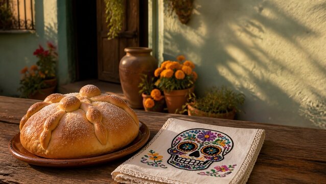 Pan de muerto and colorful skull napkin on wooden table in sunlit courtyard during golden hour. Pan de muerto is a traditional bread for celebrations, beautifully displayed alongside skull napkin.