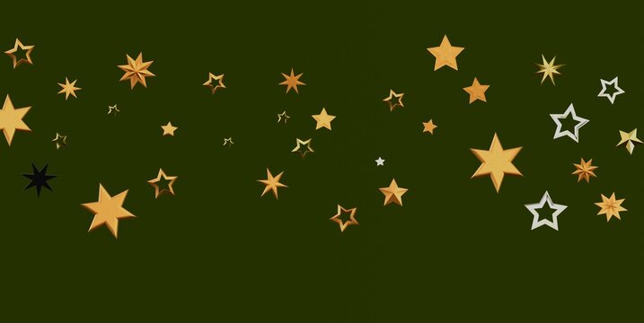 Scattered gold and white stars create a festive background on a deep green backdrop.