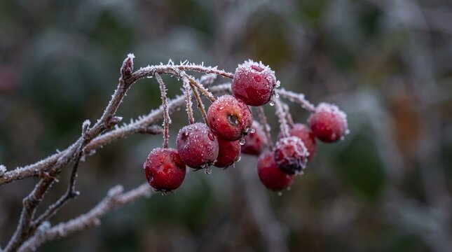 Frosted Red Berries on a Winter Branch