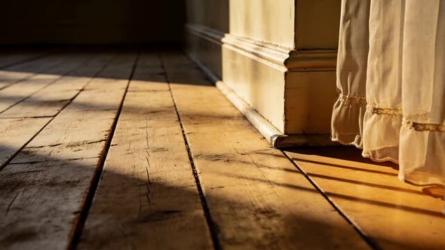 Shifting late sun nudging ruffled curtain, drifting across floorboards at home revealing grain