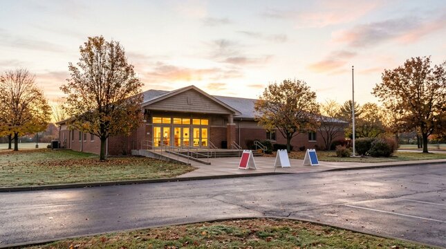 Public Polling Station Building at Sunset with Landscaped Grounds Representing Community Elections and Civic Engagement