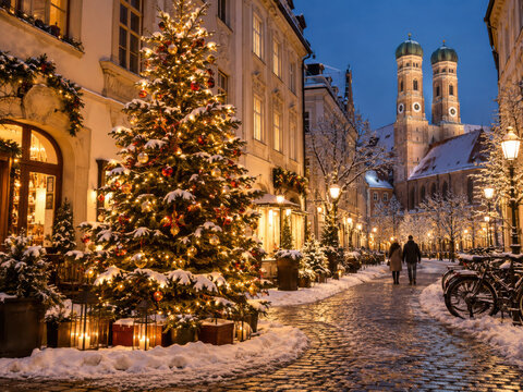 Weihnachten in M&uuml;nchen: Ein leuchtender Weihnachtsbaum schm&uuml;ckt eine verschneite Altstadtgasse. Ein Paar spaziert zwischen historischen Fassaden mit Blick auf die markanten T&uuml;rme der Frauenkirche.