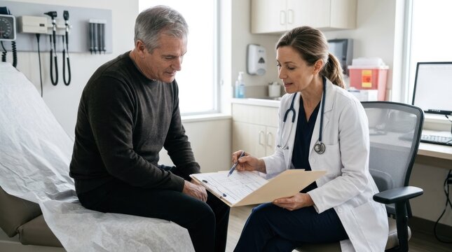 A doctor and patient in a medical office setting.