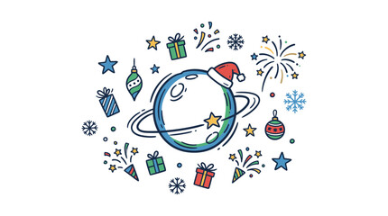 Saturn wearing a holiday hat is floating among wrapped presents and twinkling stars in a charming winter season design. © samu