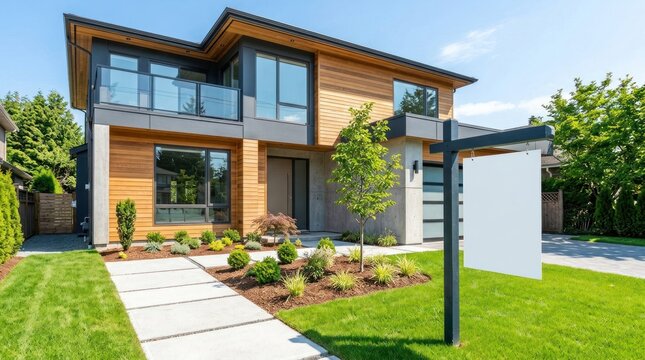 A modern, two-story house with a wooden exterior and glass windows, situated in a lush, green yard with a white picket fence.