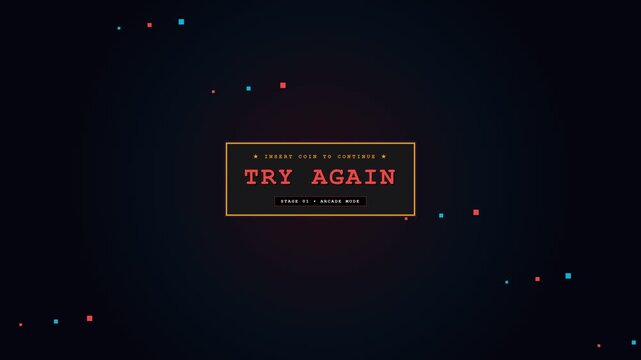 Retro Arcade Try Again Text Banner with Blinking Pixel Sparkles and Neon Game Over UI Animation for Digital Media