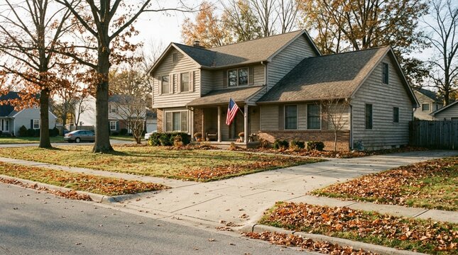 Traditional American House Surrounded by Autumn Trees and Green Lawn in a Residential Neighborhood