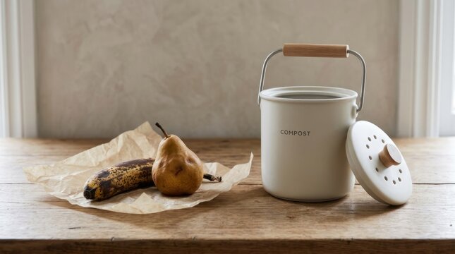 A white ceramic compost bin with a wooden handle and lid, placed on a wooden table with a banana and pear on top of a piece of paper.