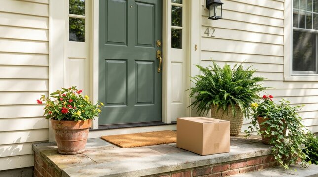 A green door with a green mailbox and a brown cardboard box on a brick step with a potted plant and a flowerpot.