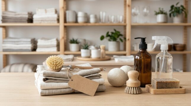 A wooden table with a variety of household cleaning and laundry supplies, including bottles of cleaning products, sponges, and a scrub brush.