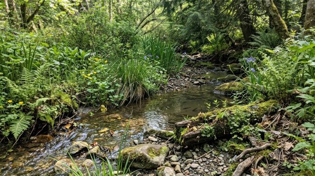 A serene forest stream with lush greenery and a small waterfall, surrounded by dense foliage and a variety of plants.