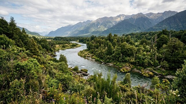 A serene river flowing through a lush, green forest with majestic mountains in the background.