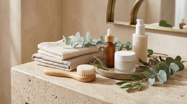 A bathroom countertop with a mirror, towels, and various skincare products.