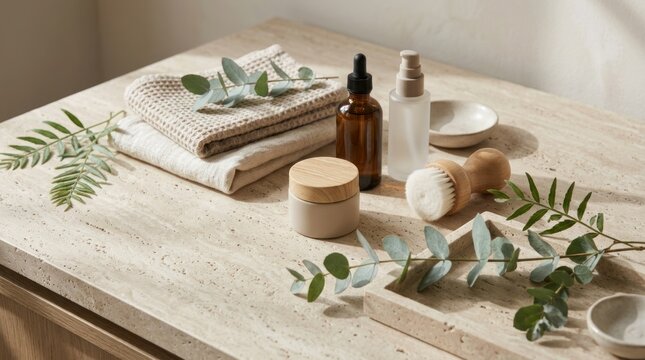 A wooden table with a stack of towels, a bottle of essential oil, and a small bowl on it.
