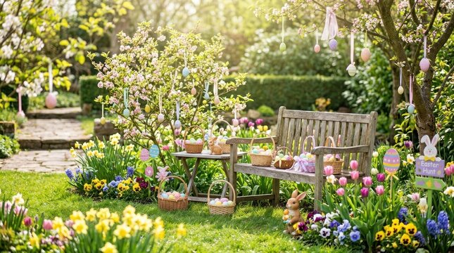 A cozy, sunlit garden with a wooden bench, a table, and Easter decorations, including eggs and bunnies, in a lush, green outdoor setting.