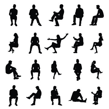 Black sitting people silhouettes set, men and women in casual and relaxed poses on chairs, vector