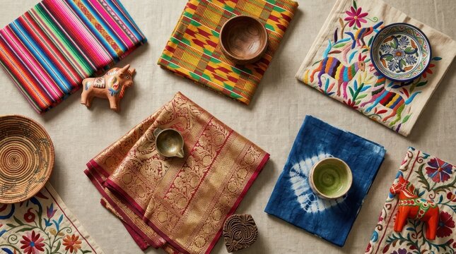 A colorful array of textiles and accessories arranged on a beige background.