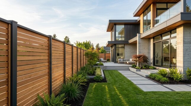 A modern house with a wooden fence and a well-maintained lawn in front of it.