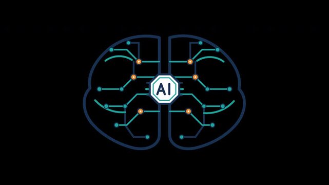 Generative AI digital brain motion graphic with animated neural network circuits and central AI processor. Seamless loop.