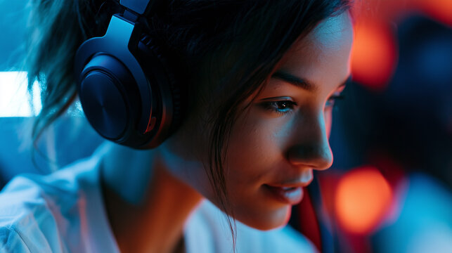 Side view portrait of a young woman wearing headphones playing video games in a room lit with neon lighting.