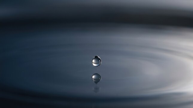 A single droplet of water on a reflective surface, creating a ripple effect.