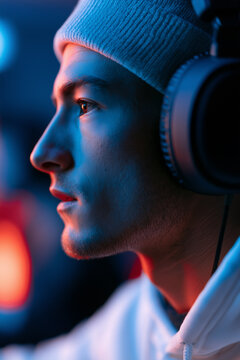 Close up profile of a young man in a beanie and headphones focused on gaming with blue and red neon light.