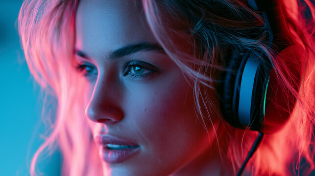 Close up portrait of a young female gamer with headphones illuminated by pink and blue neon lights.