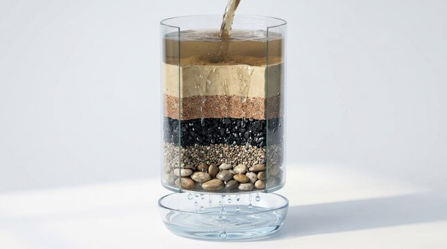 A glass of water with layers of sediment and pebbles inside.